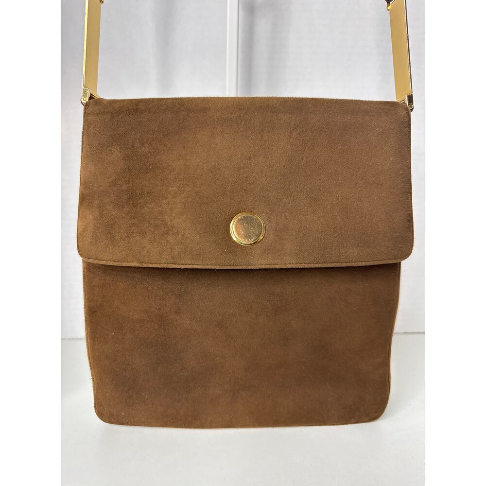 Prestige Vintage suede brown bag with gold hardware & flap closure - Picture 8 of 13